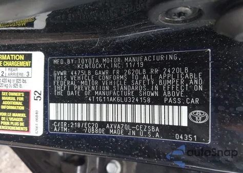 2020 Toyota Camry Se Nightshade Edition from USA, damaged, VIN 4T1G11AK6LU324158